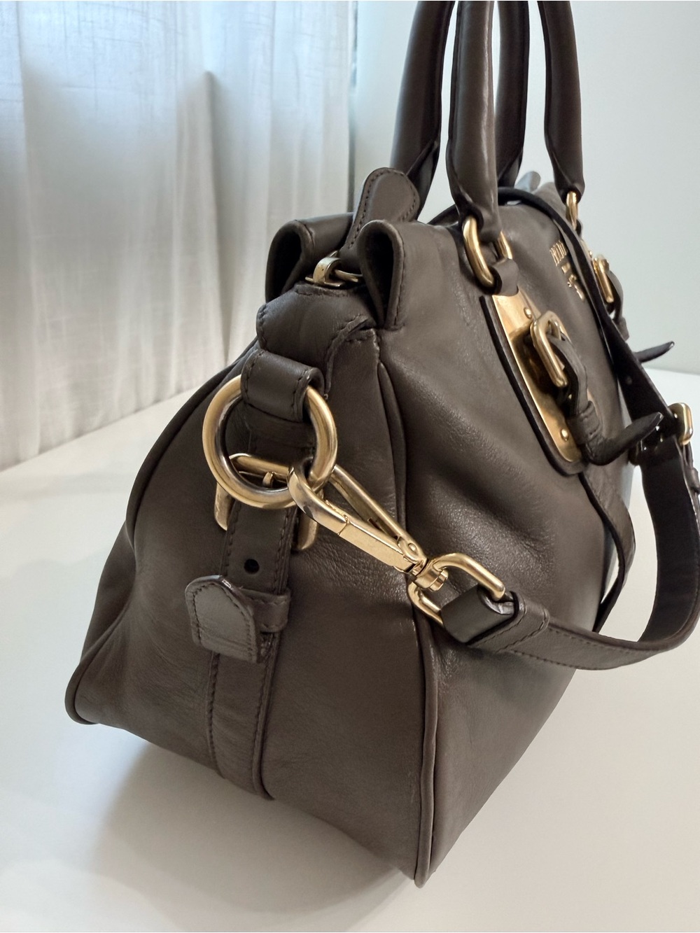 Prada Taupe Gray Leather Satchel Crossbody Bag with Gold Hardware Vitello Daino - Picture 7 of 15